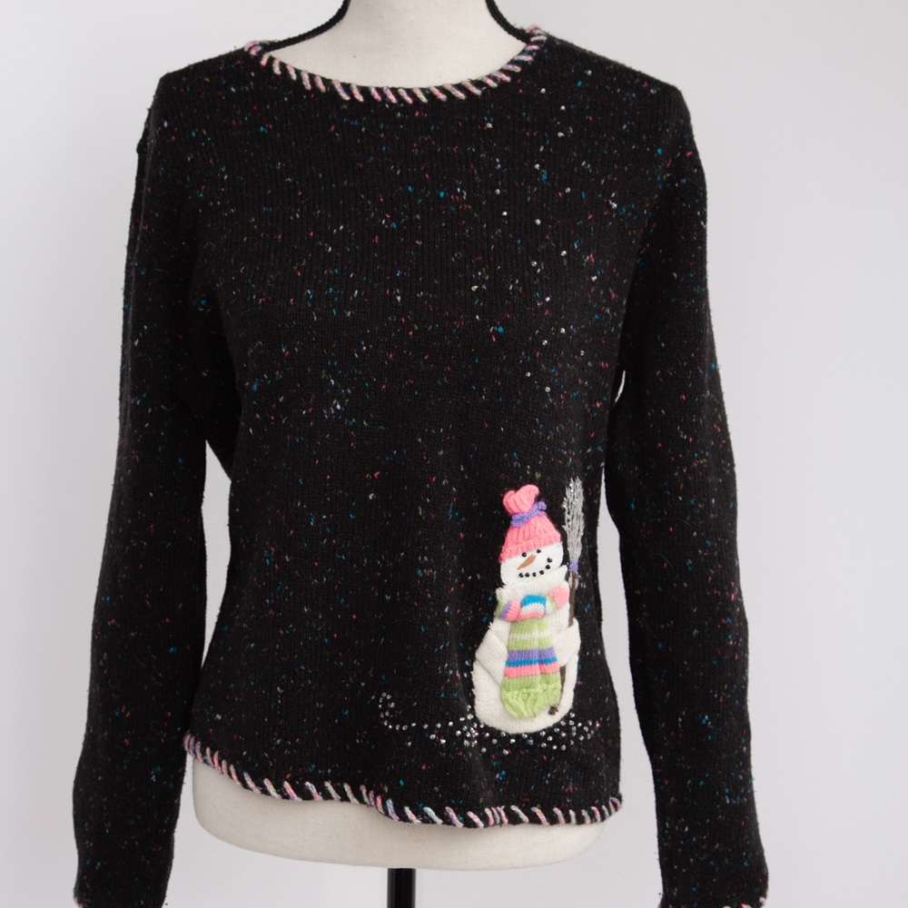 Vintage Angora blend snowman sweater speckle colorful stitching Northern Isles M
